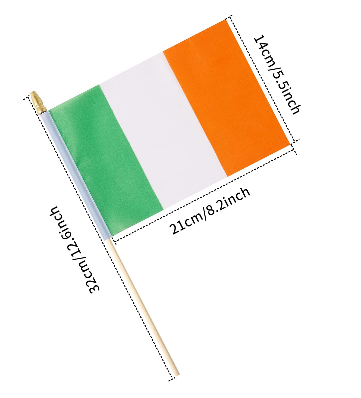 Ckexin handheld Irish flag on stick ready for celebrations.