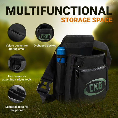 CKG black metal-detecting pouch blends with gear for organized fieldwork.