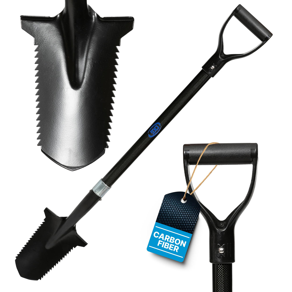 CKG carbon metal detecting shovel with double serrated blade for efficient treasure digging.