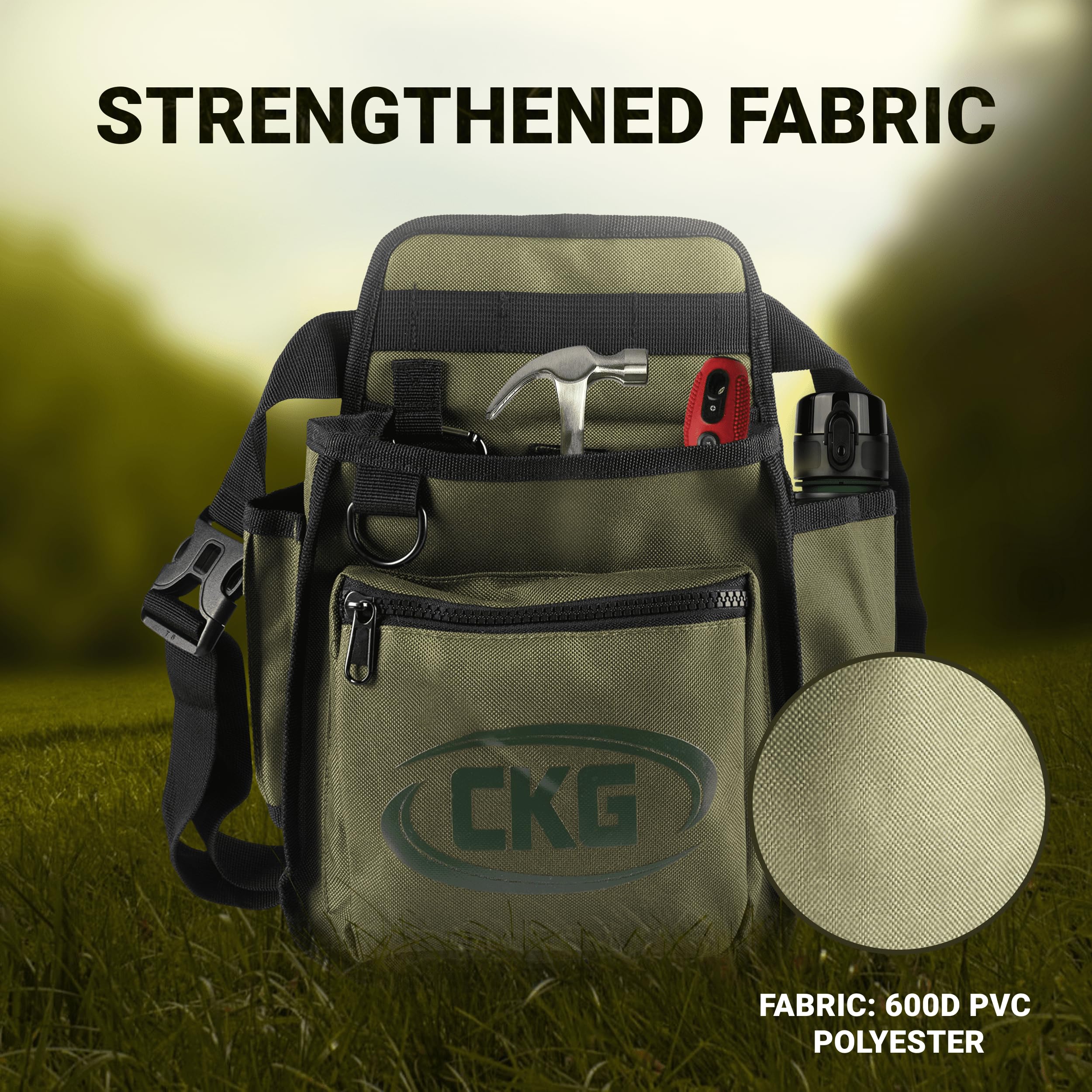 CKG metal detecting bag green color shown in outdoor setting.