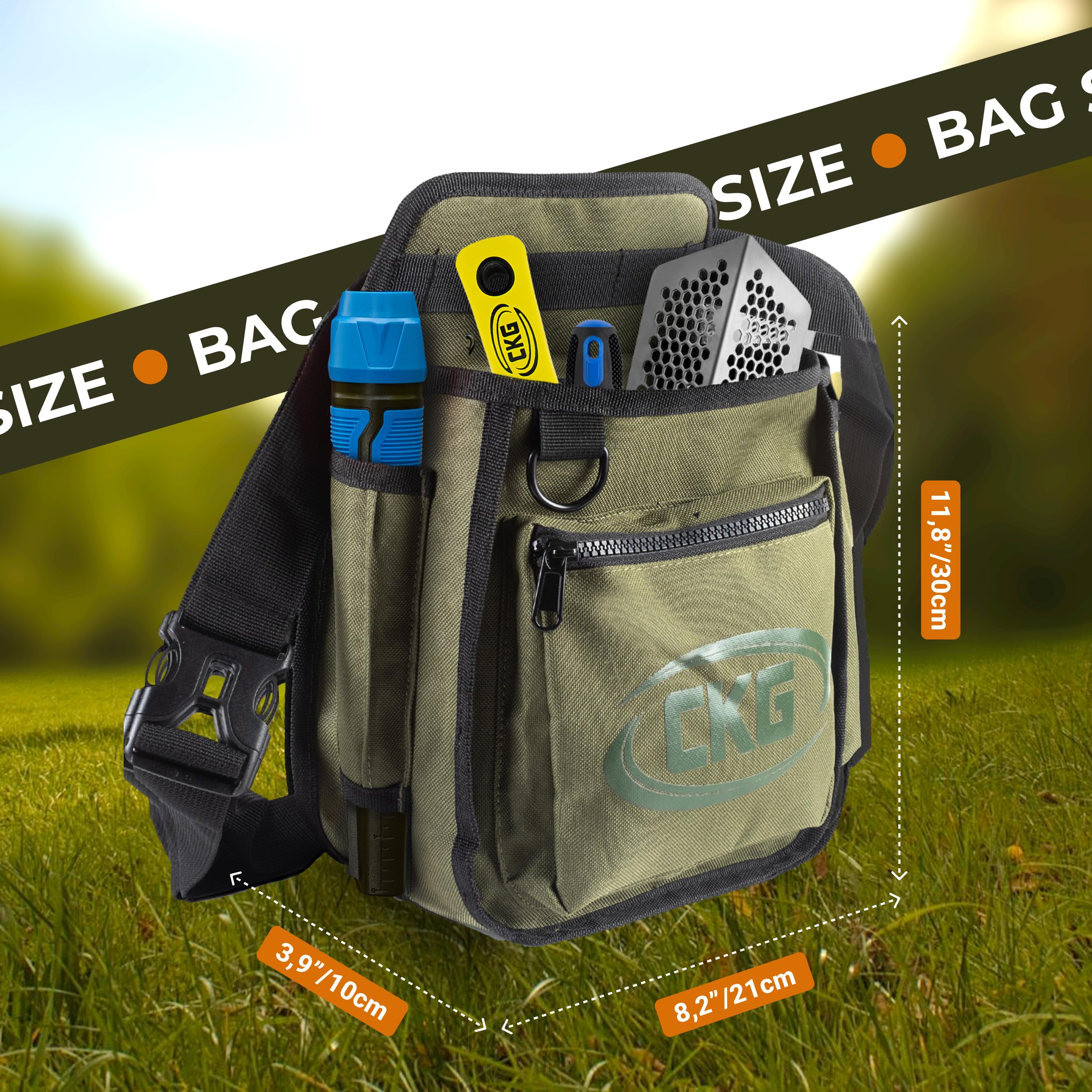CKG metal detecting bag lightweight design favors comfortable, extended hunts.