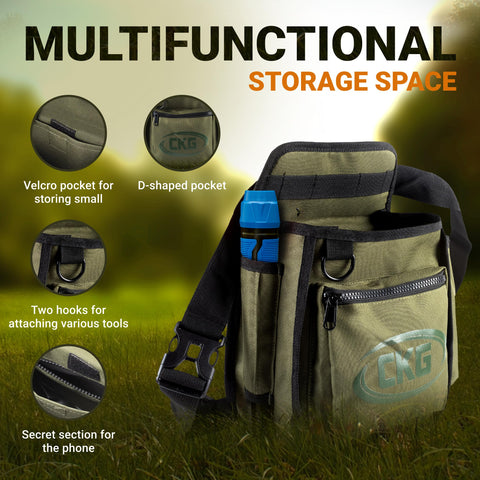 CKG metal detecting bag universal mounts shown with secure strap attachment.