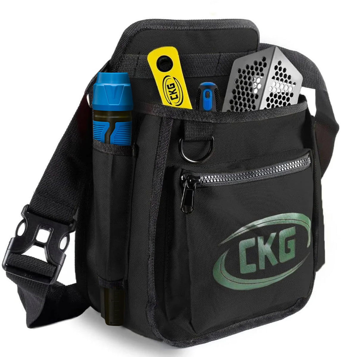 CKG metal-detecting bag waist-digger on belt keeps tools organized during treasure hunts.
