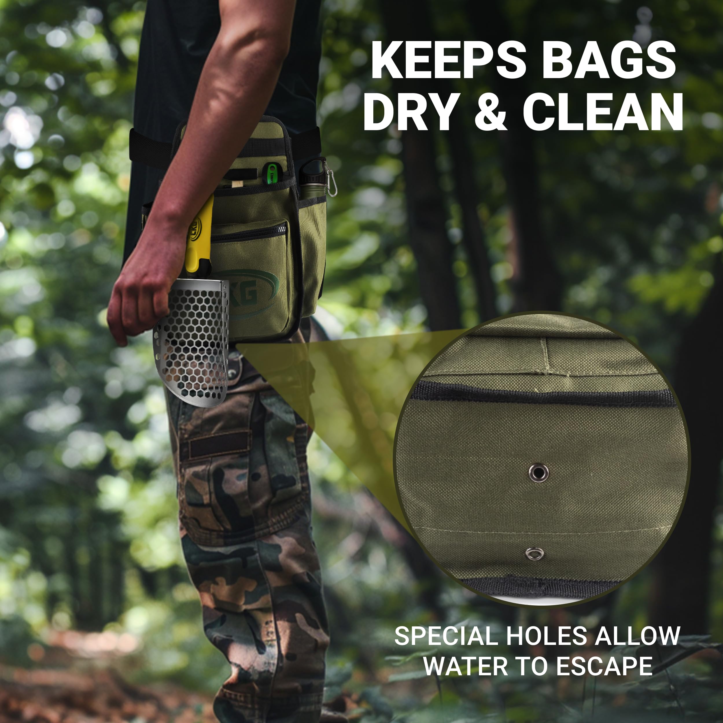 CKG metal detecting bag water-drain holes help keep gear dry.