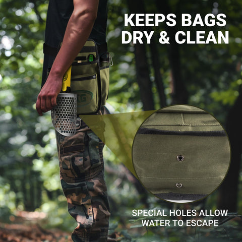 CKG metal detecting bag water-drain holes help keep gear dry.