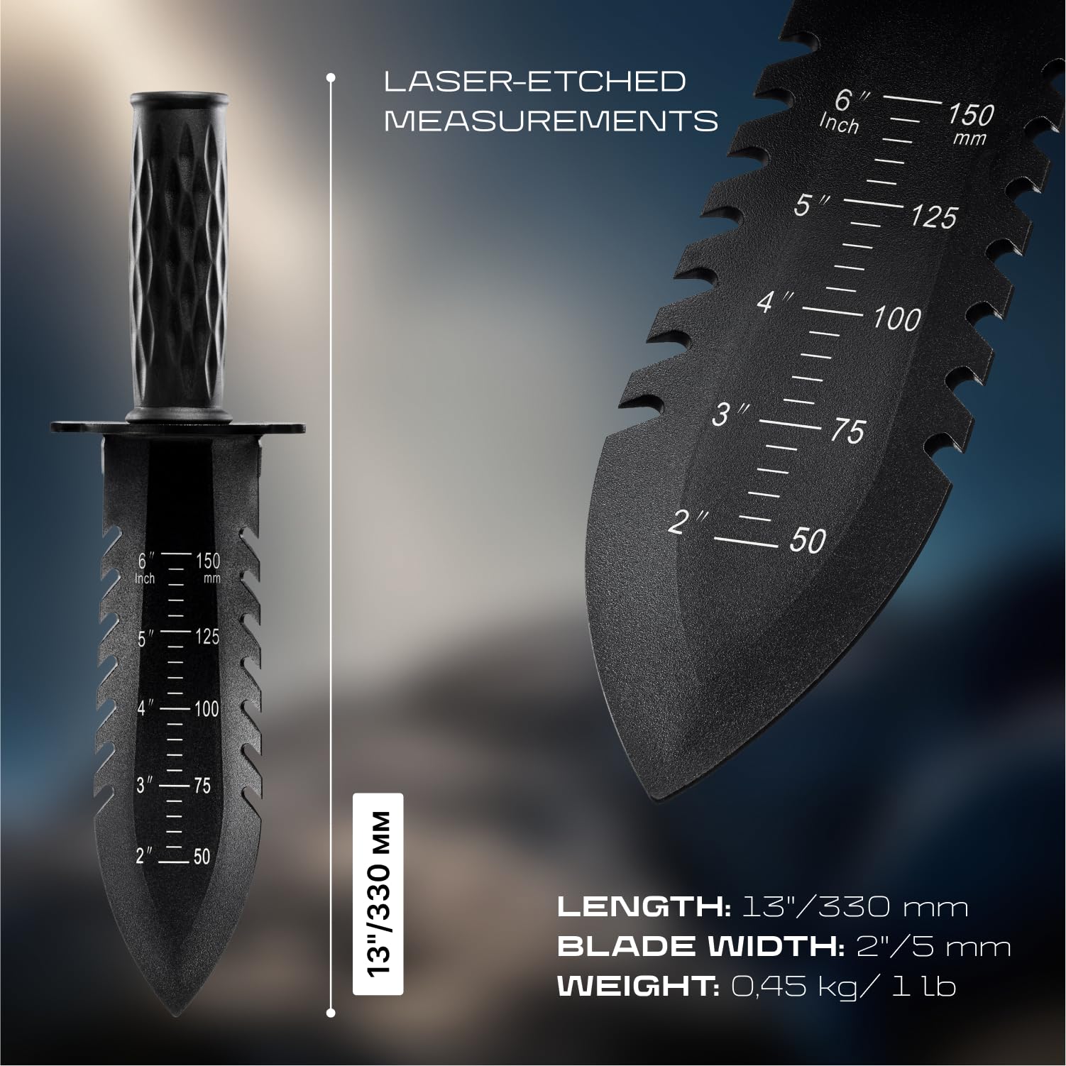 CKG shovel displaying engraved depth markings for accurate target depth