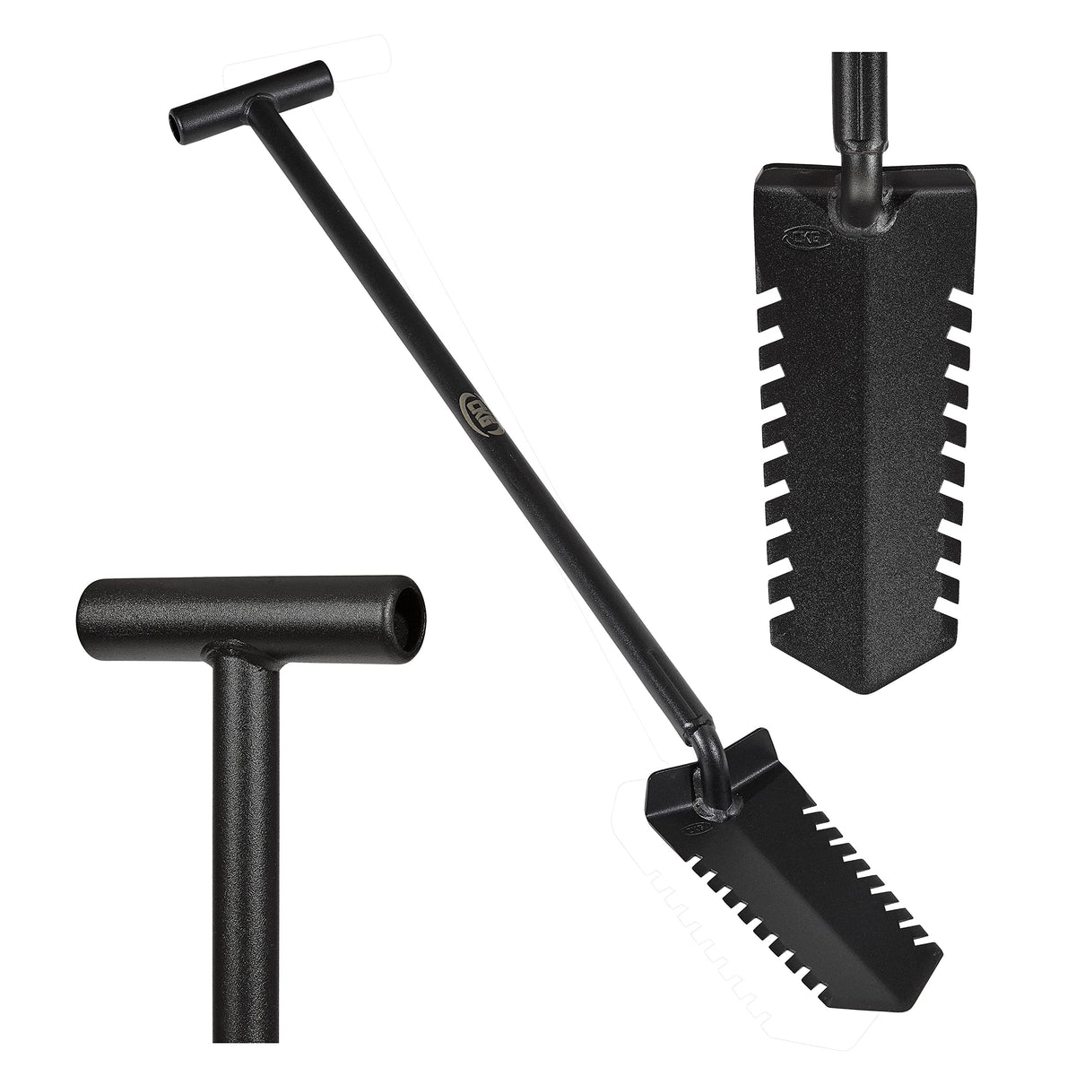CKG metal detecting shovel with double serrated blade for heavy-duty digging.