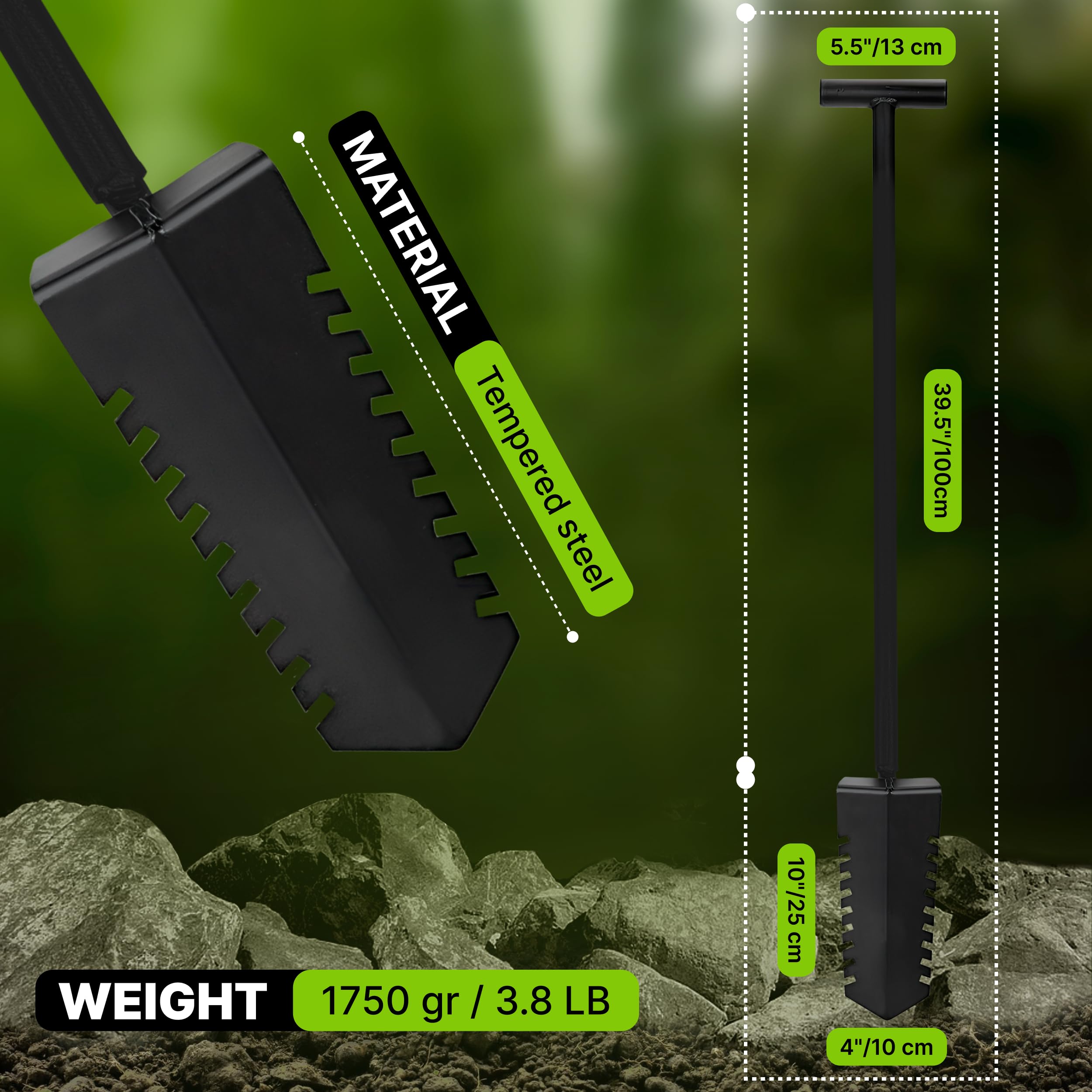 CKG shovel features ergonomic carbon handle with non-slip grip for comfort.