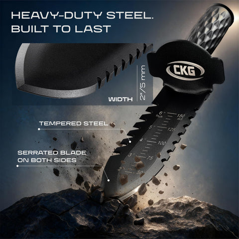 CKG metal detecting shovel showing ergonomic handle for comfortable digging