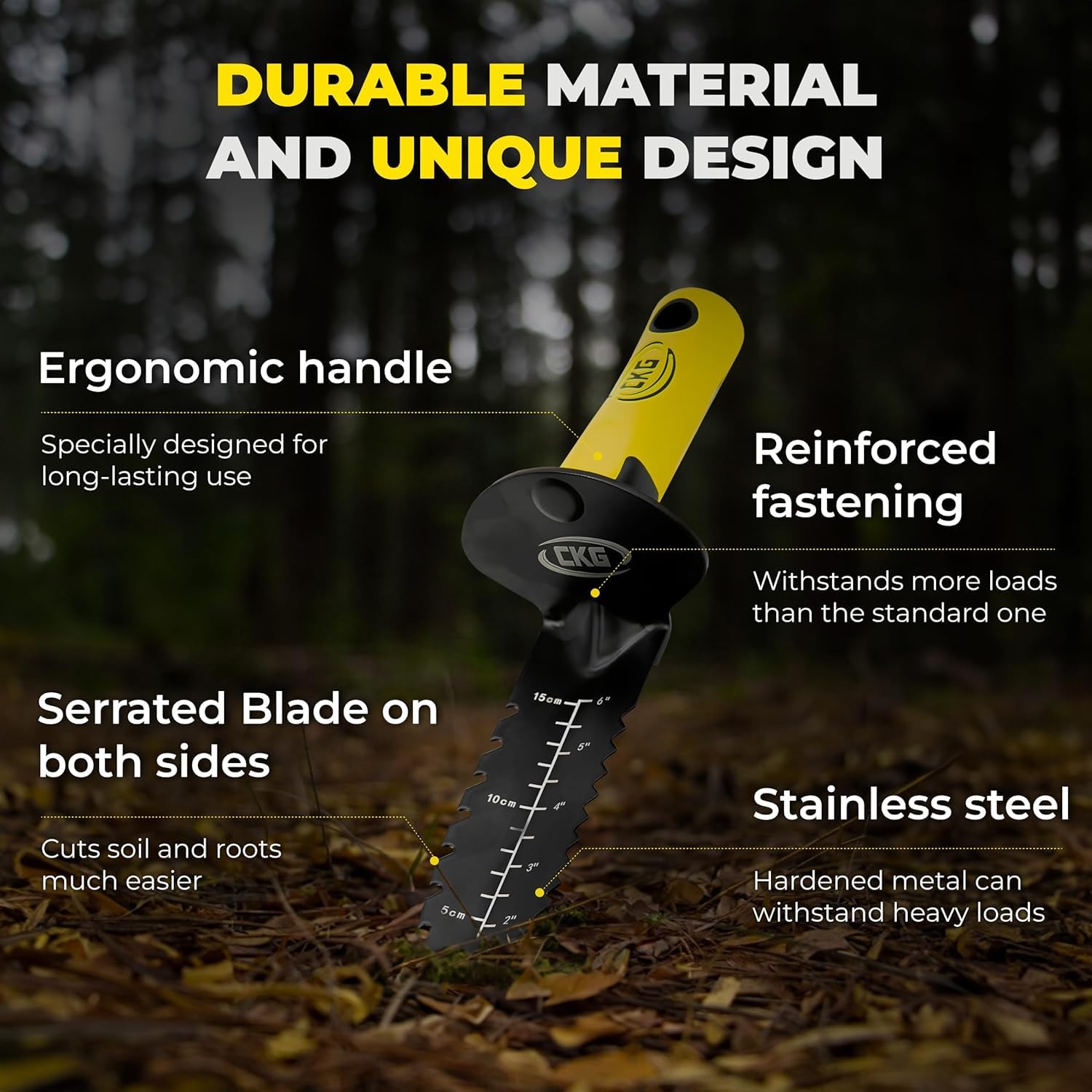 CKG metal detector shovel double serrated edges cutting through roots.