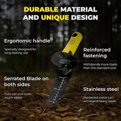 CKG metal detector shovel double serrated edges cutting through roots.