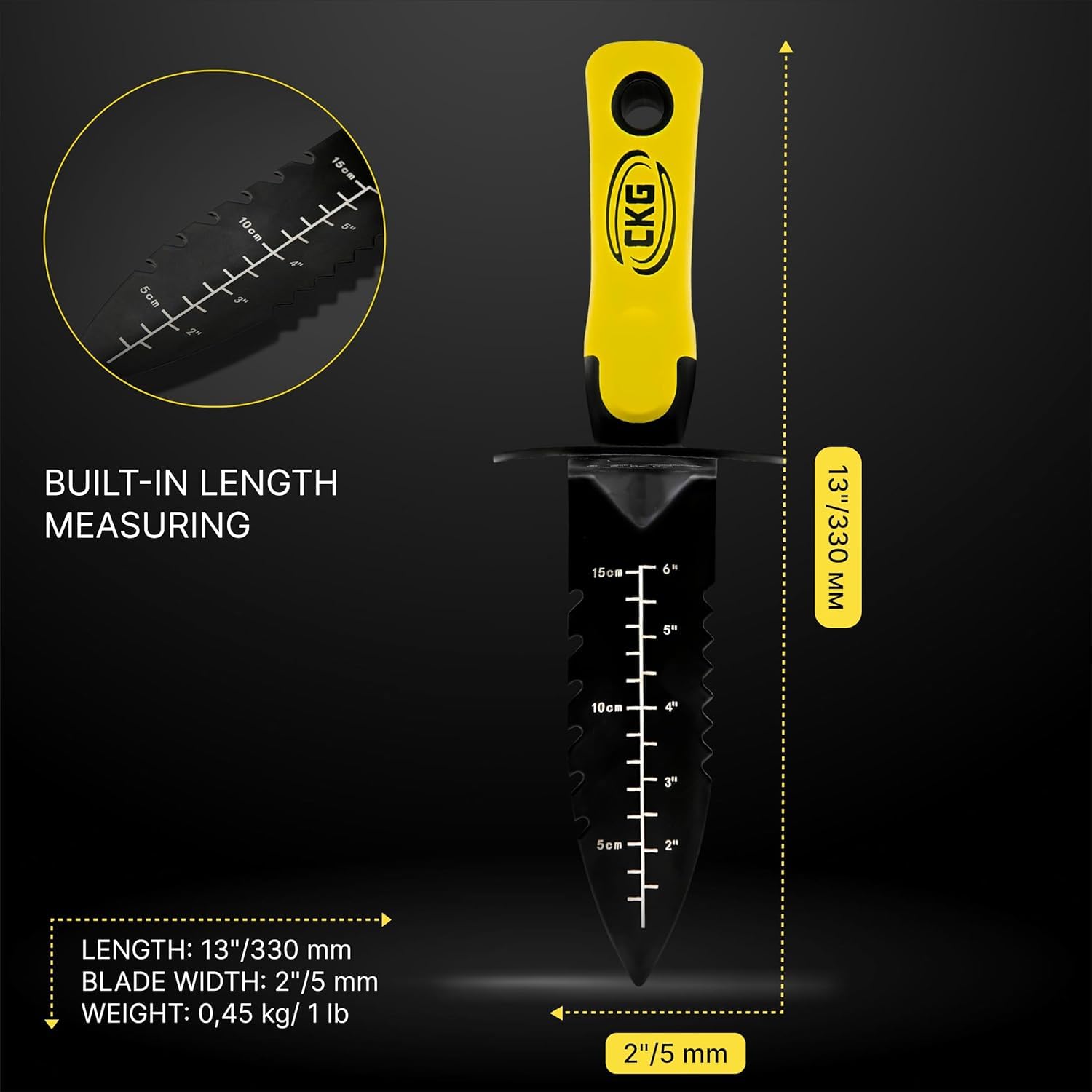 CKG metal detector shovel with sheath for safe transport and storage.