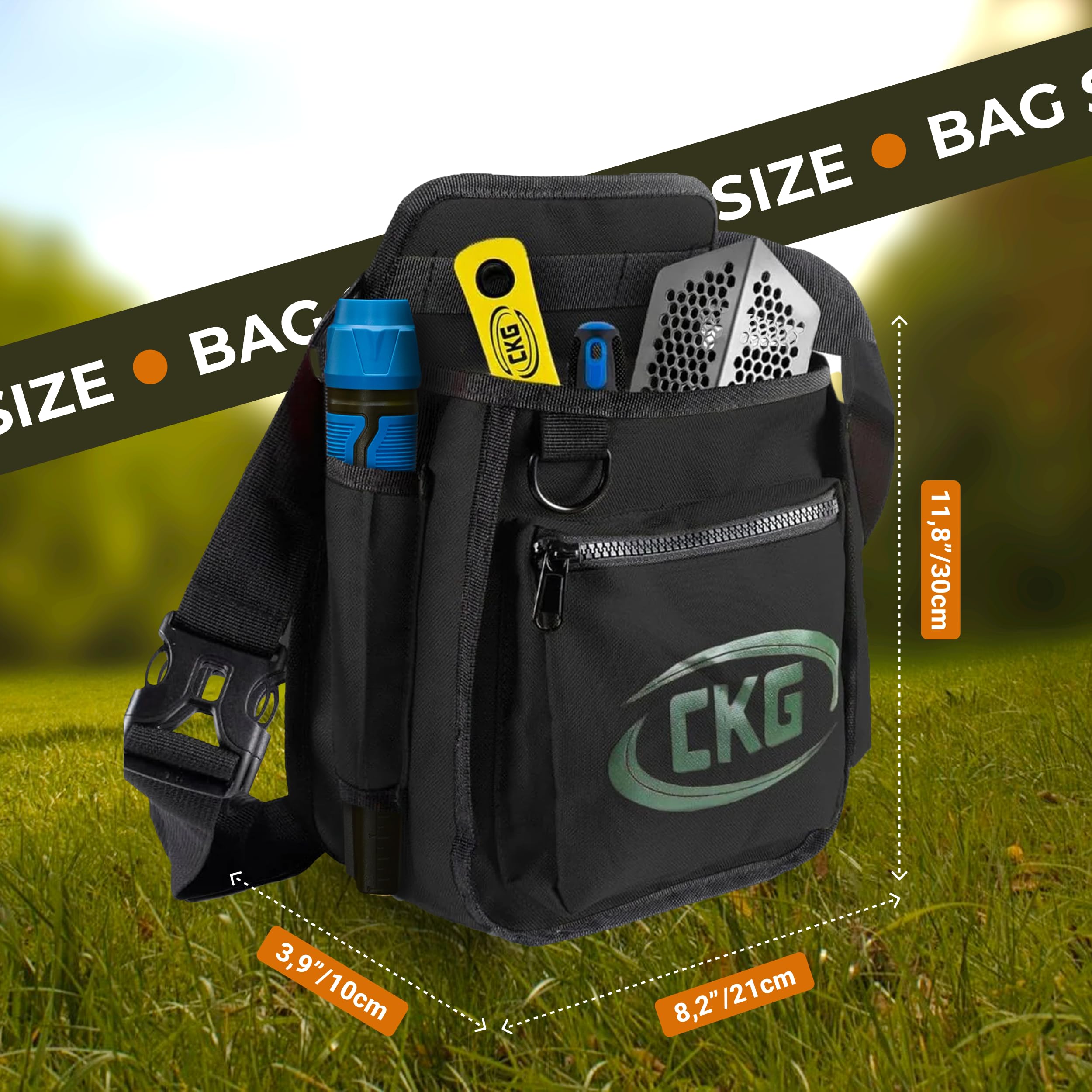 CKG multifunction metal detecting pouch stores coins, finds, and tools for easy access.