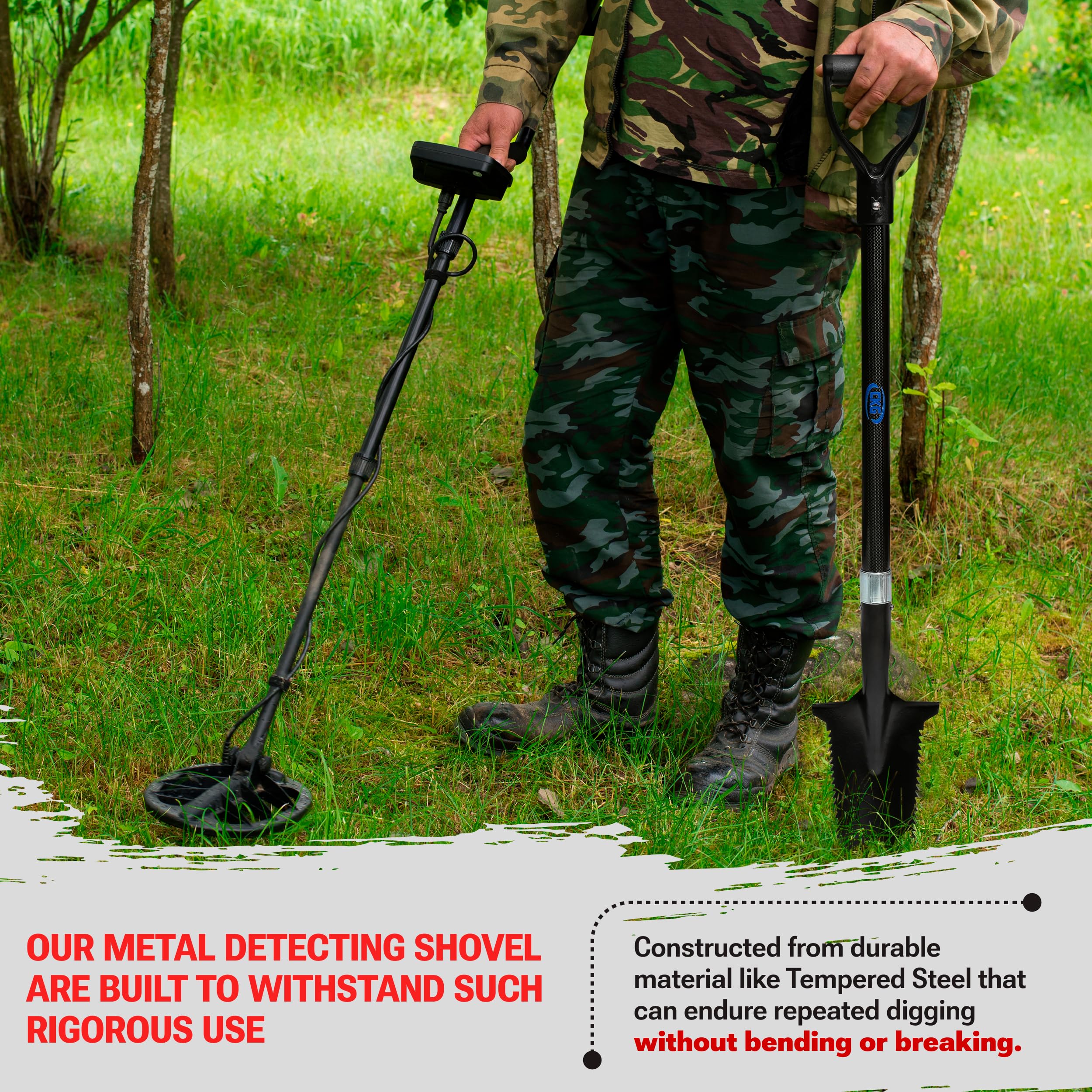 CKG serrated blade cuts roots quickly during metal detecting expeditions.