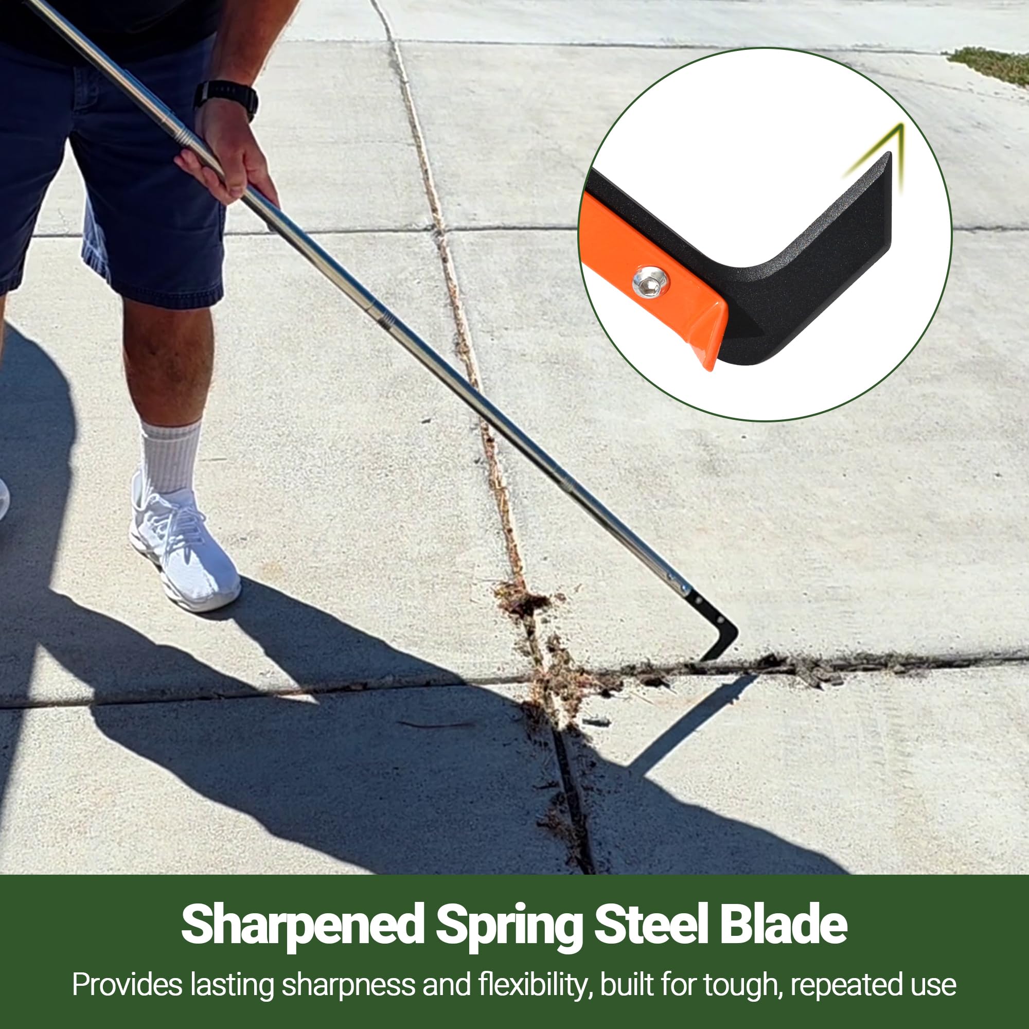 CKLT crack weeder extended handle demonstrates back-friendly, no-bend operation for tall tasks