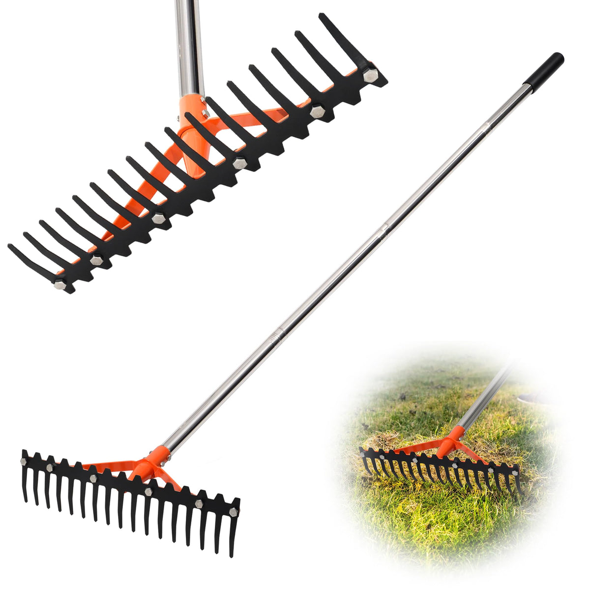 CKLT garden rake front view with 17-tine head for soil loosening.