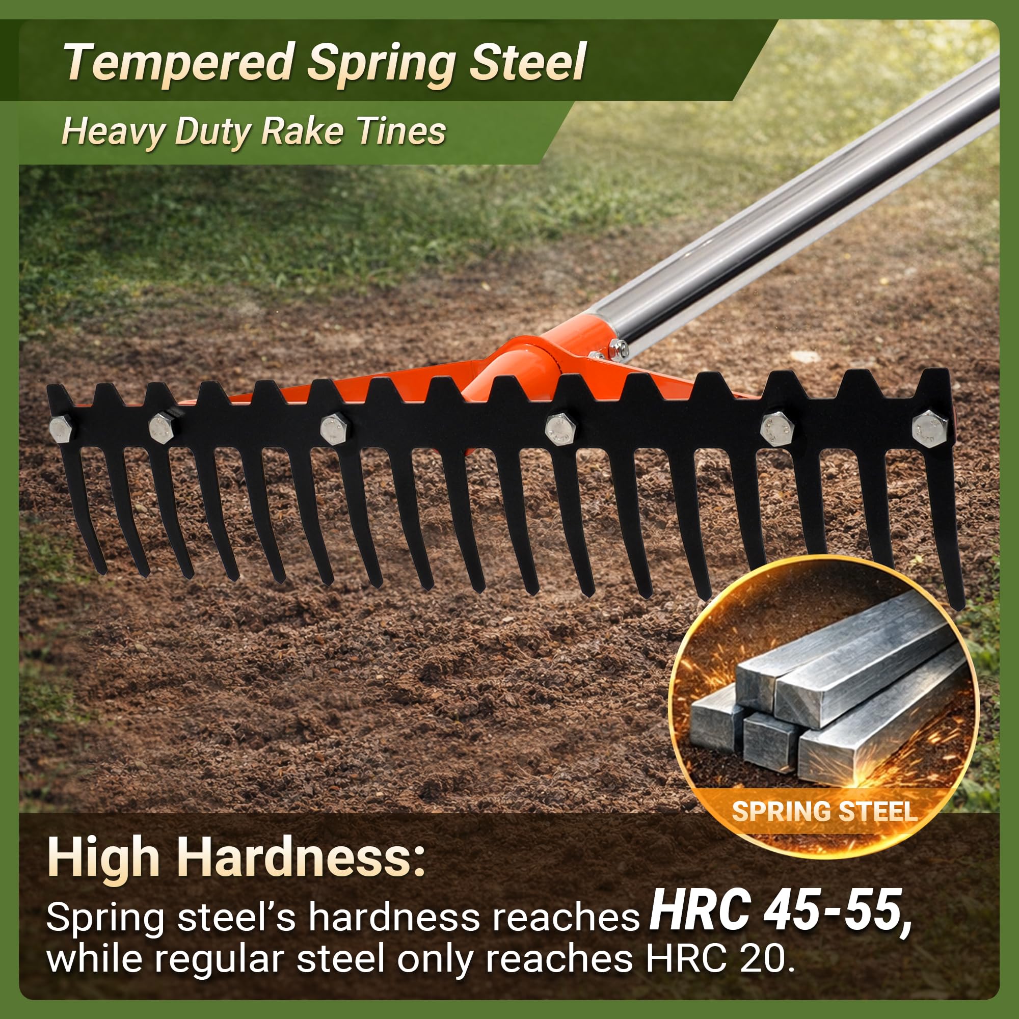 CKLT garden rake side view showing durable stainless handle and sturdy connection.