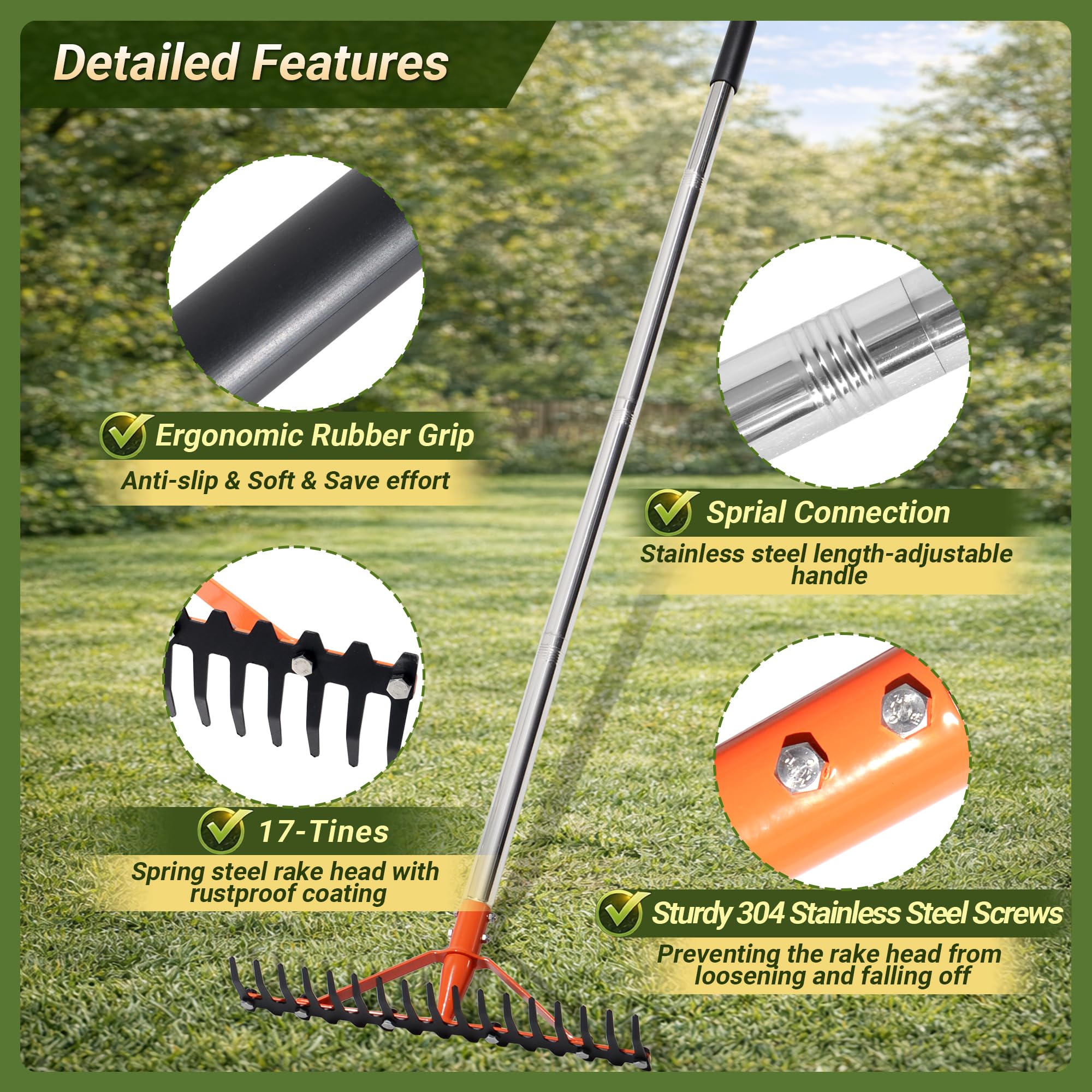 CKLT garden rake uses 304 stainless screws for a secure connection.