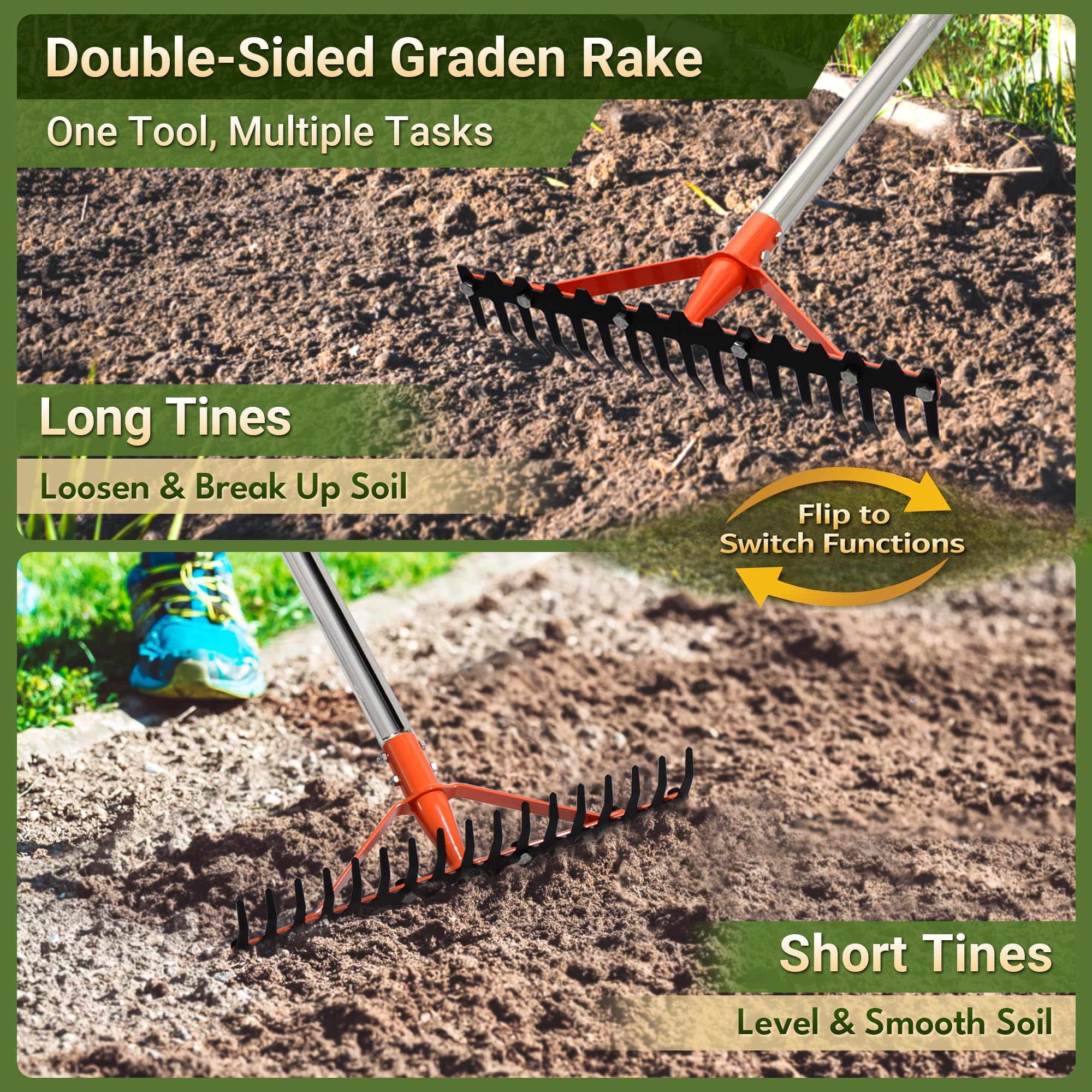 CKLT garden rake with 62-inch adjustable handle for comfortable reach.