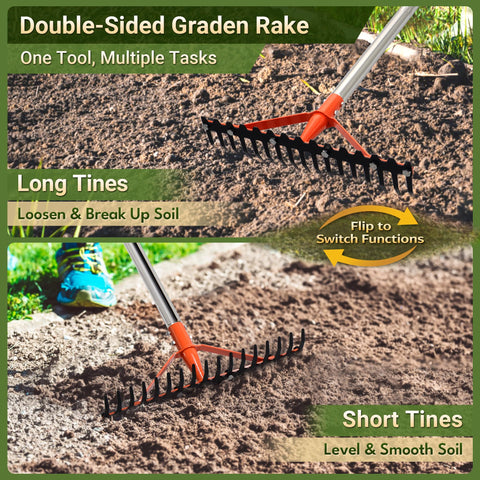 CKLT garden rake with 62-inch adjustable handle for comfortable reach.