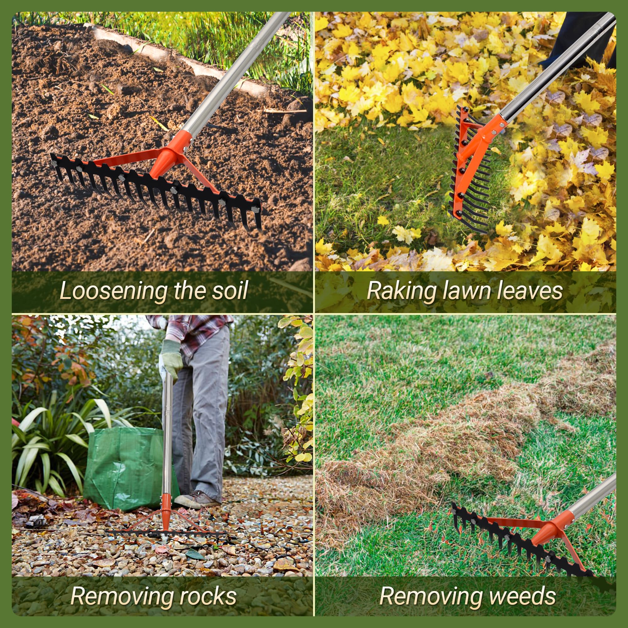 CKLT garden rake removes leaves and gravel for tidy beds.