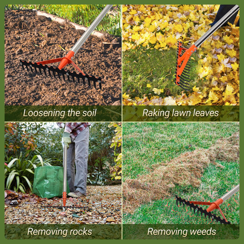 CKLT garden rake removes leaves and gravel for tidy beds.