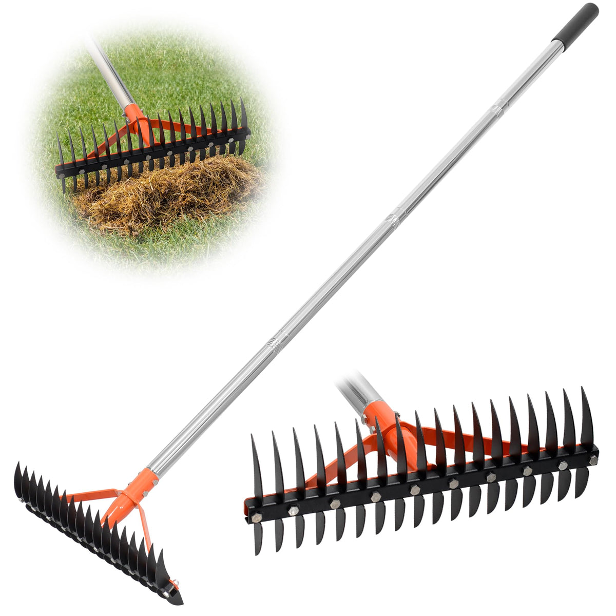 CKLT Thatch Rake with an 18-tine head removes dead grass from Bermuda lawn.