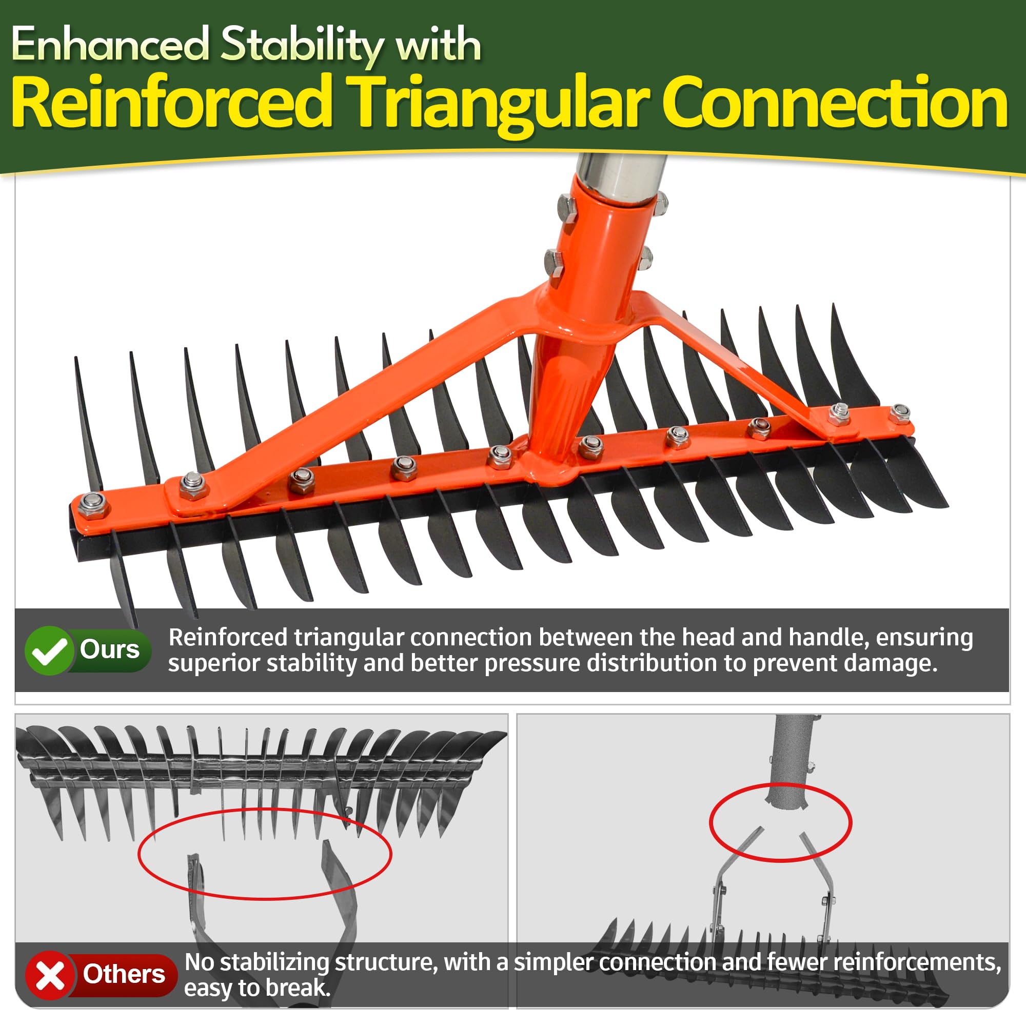 CKLT Thatch Rake with premium 304 stainless screws for durable, rust-resistant assembly.