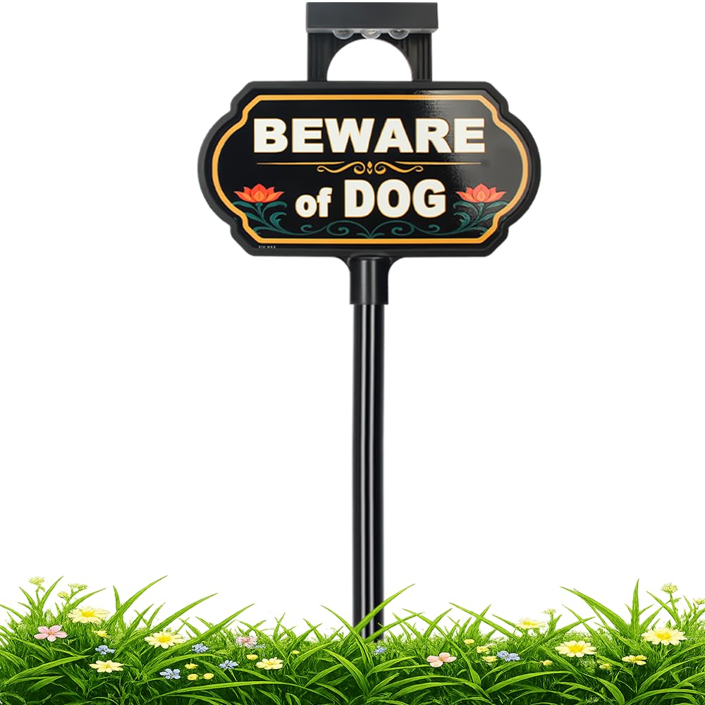 CKOK Solar Beware of Dog Sign yard illuminated at night for visibility.