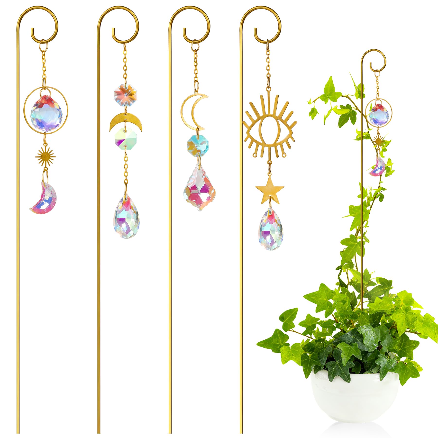 CKUJJUI crystal sun catcher plant stake with gold finish reflects sunlight on a windowsill.