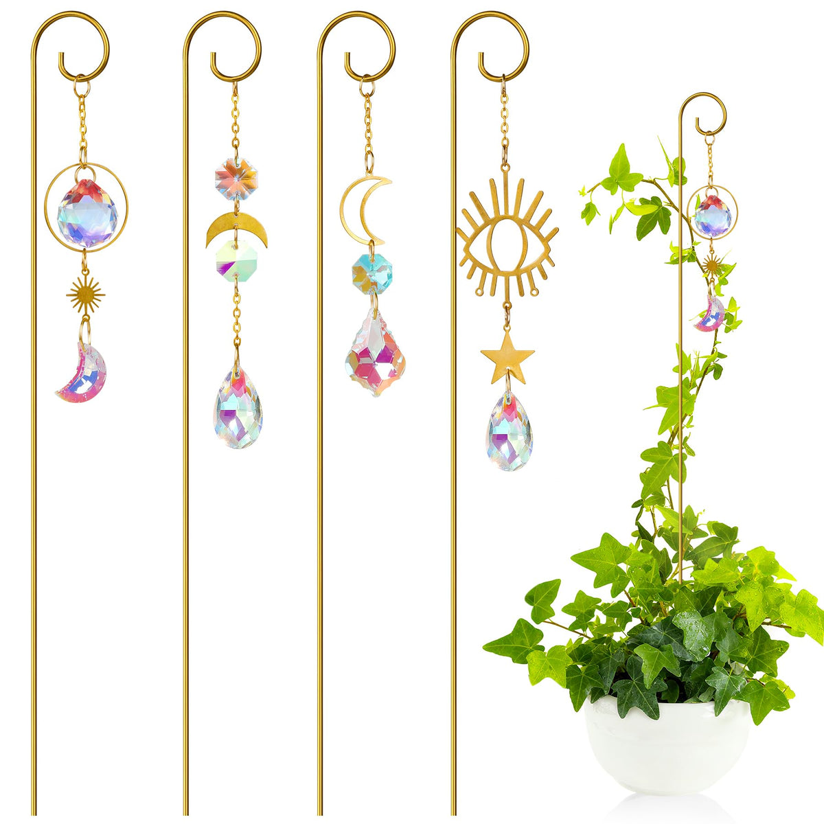 CKUJJUI crystal sun catcher plant stake with gold finish reflects sunlight on a windowsill.
