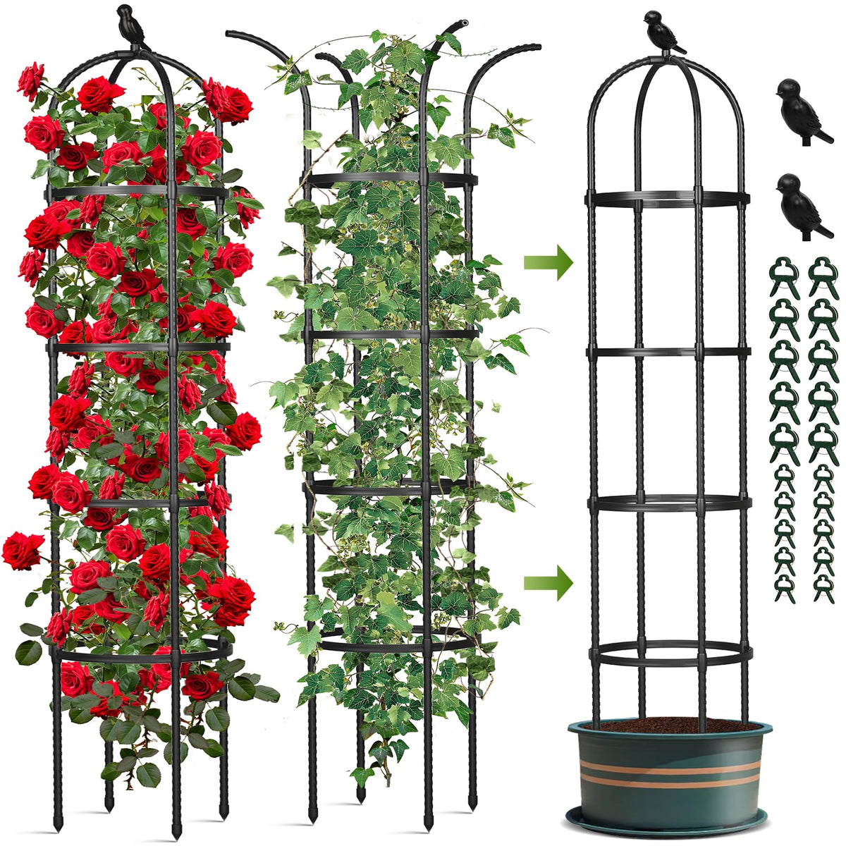 CL FUN Obelisk Trellis Plant Tower supports tall climbers with adjustable height for easy training.