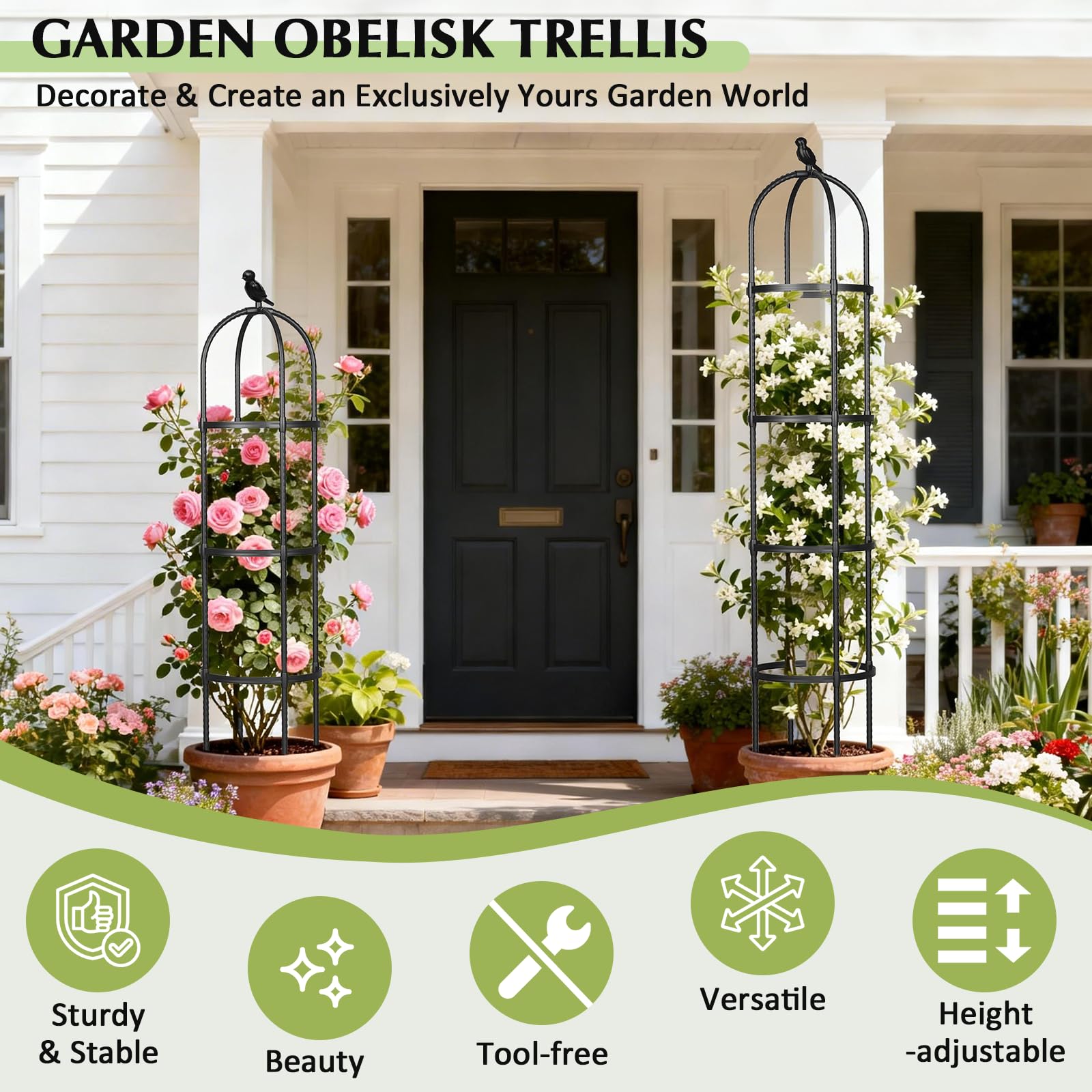 CL FUN Rustproof metal trellis supports roses and vines.