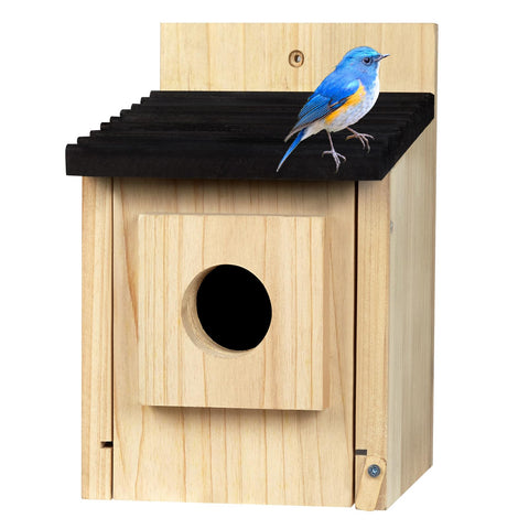 CLACKIBUKVYZ birdhouse with bluebird entrance promotes safe outdoor nesting.