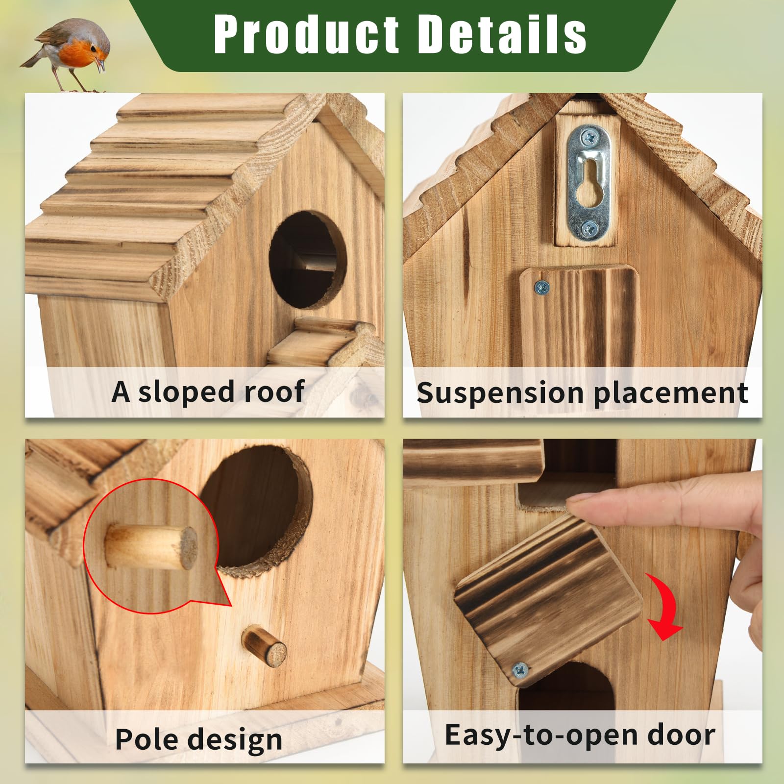 CLACKIBUKVYZ bird house with back cleaning door for easy maintenance.