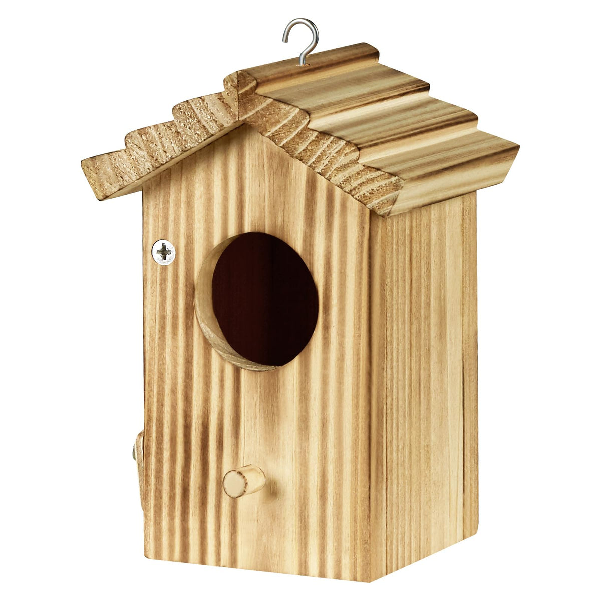 CLACKIBUKVYZ hummingbird house exterior in garden setting showing natural pine finish