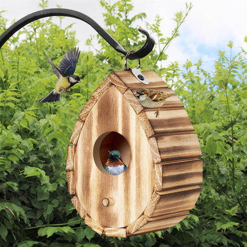 CLACKIBUKVYZ hummingbird house outdoor in natural wood finish; invites small birds.