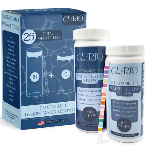Clario 25in1 water test kit box open for easy home testing.