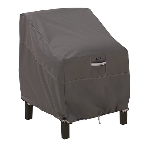 Classic Accessories Ravenna 38-inch lounge chair cover protects outdoor seating from rain and sun.