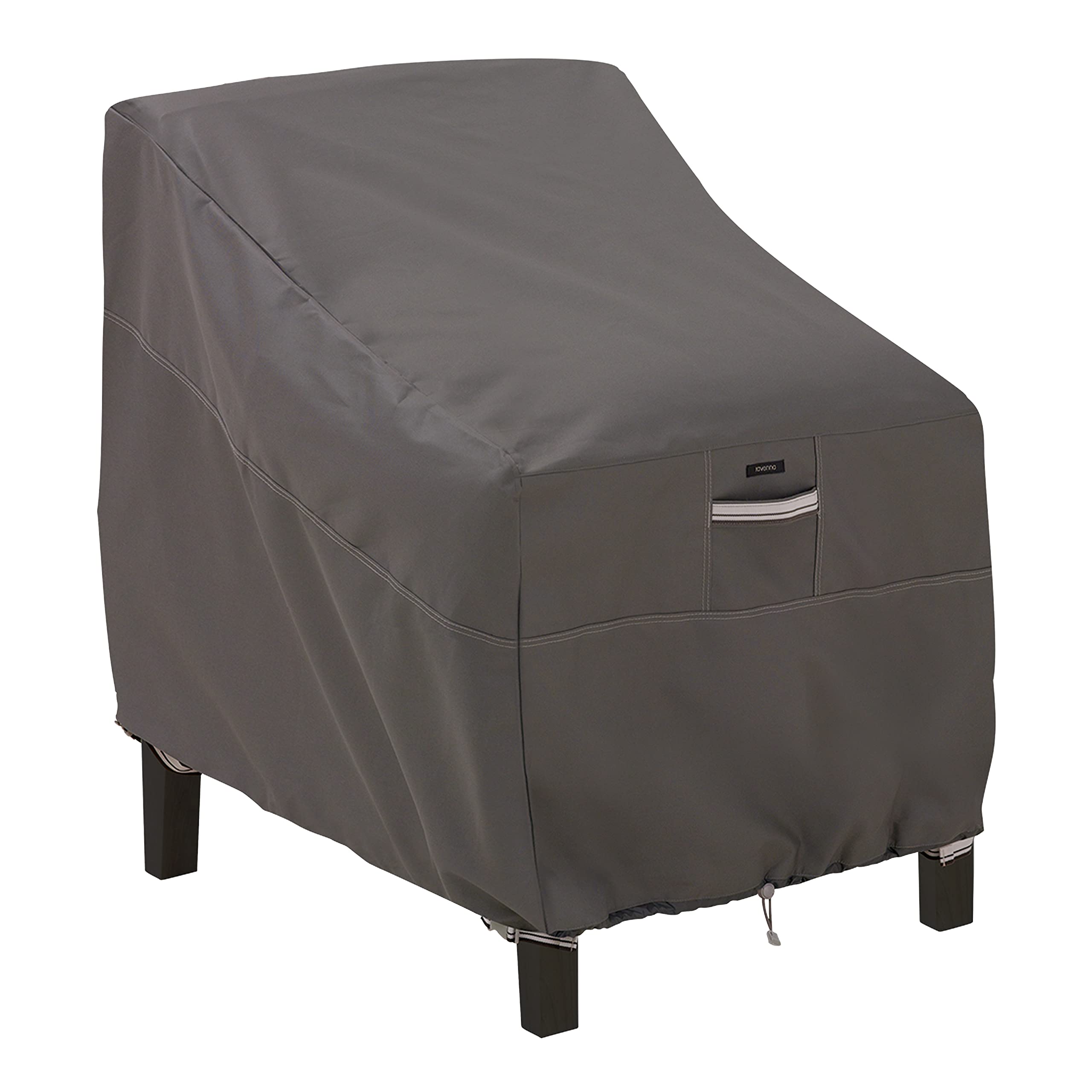 Classic Accessories Ravenna lounge chair cover front view protects deep-seated chairs from rain and sun.