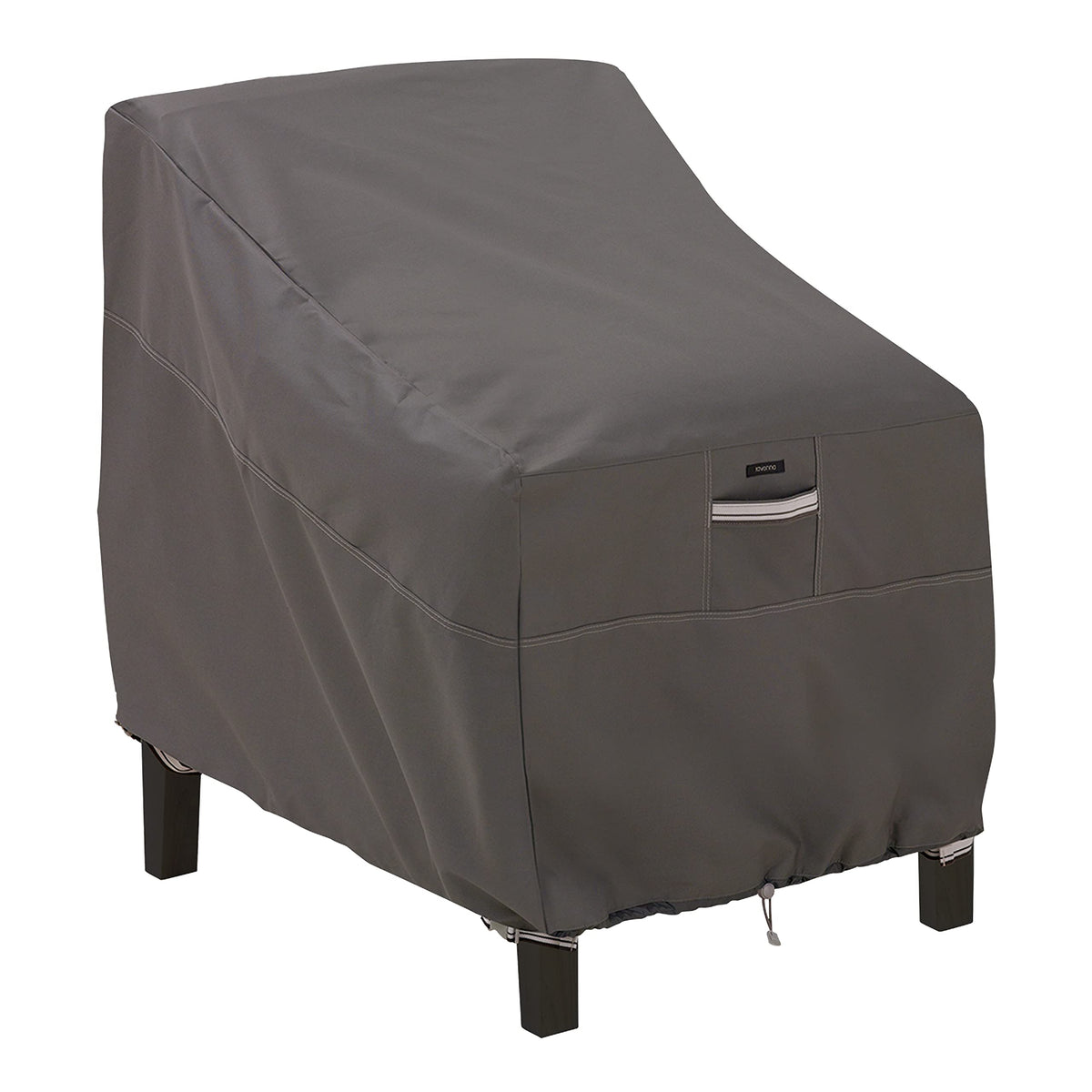 Classic Accessories Ravenna lounge chair cover front view protects deep-seated chairs from rain and sun.