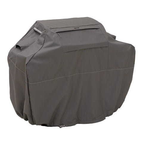 Classic Accessories Ravenna water-resistant backing protects grills outdoors.
