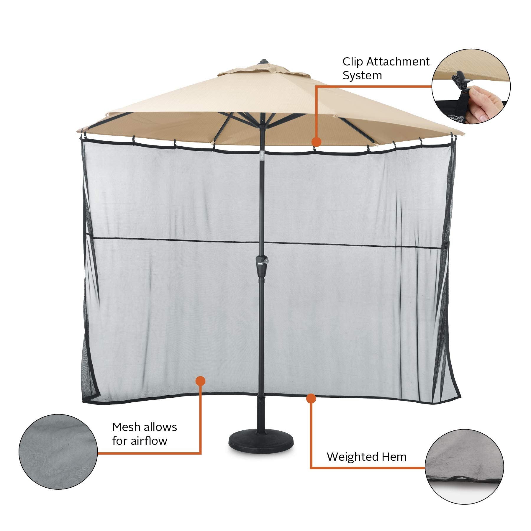 Classic Accessories shade screen attached with suspender clips to a patio umbrella.
