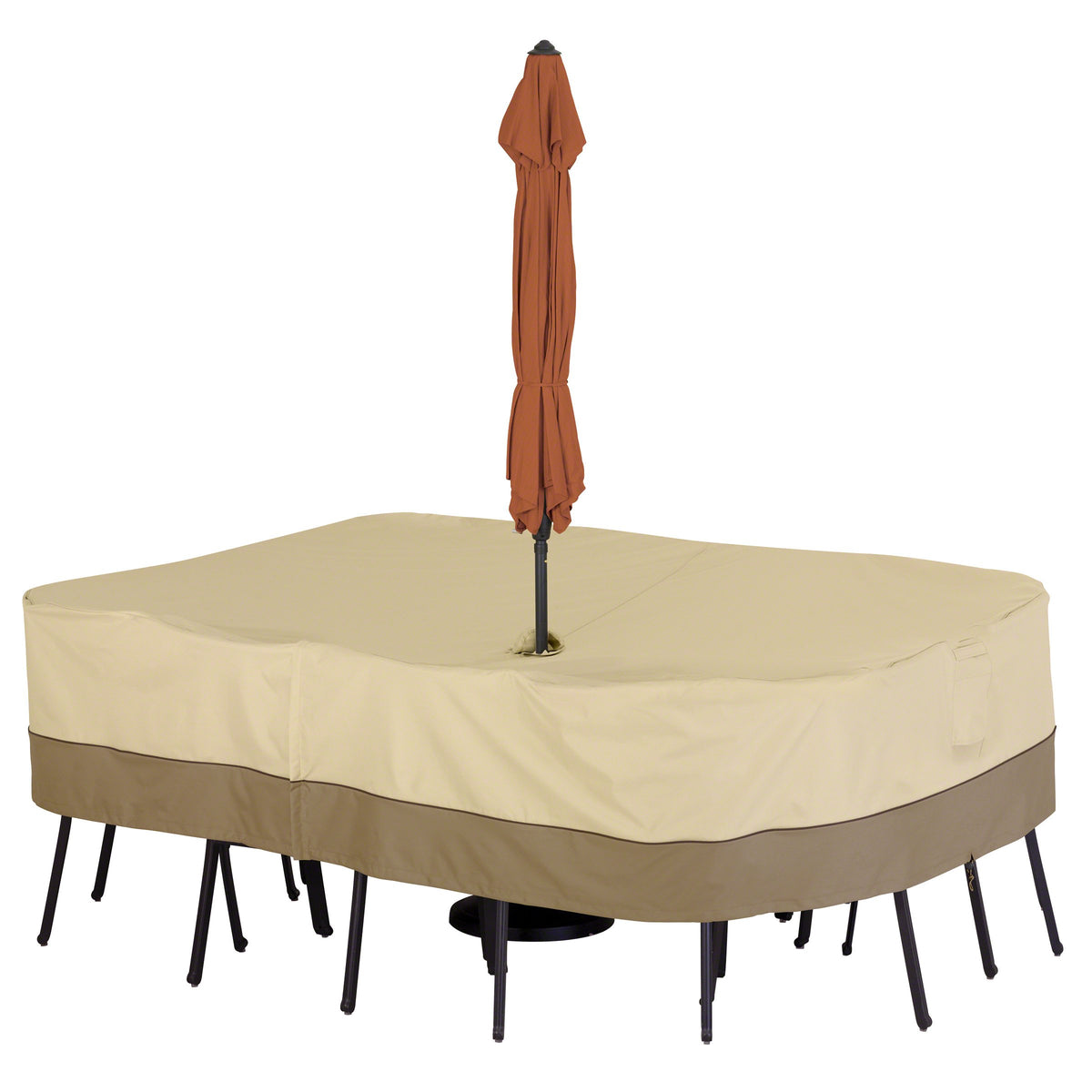 Classic Accessories Veranda 108-inch table cover with umbrella hole protects patio furniture outdoors.