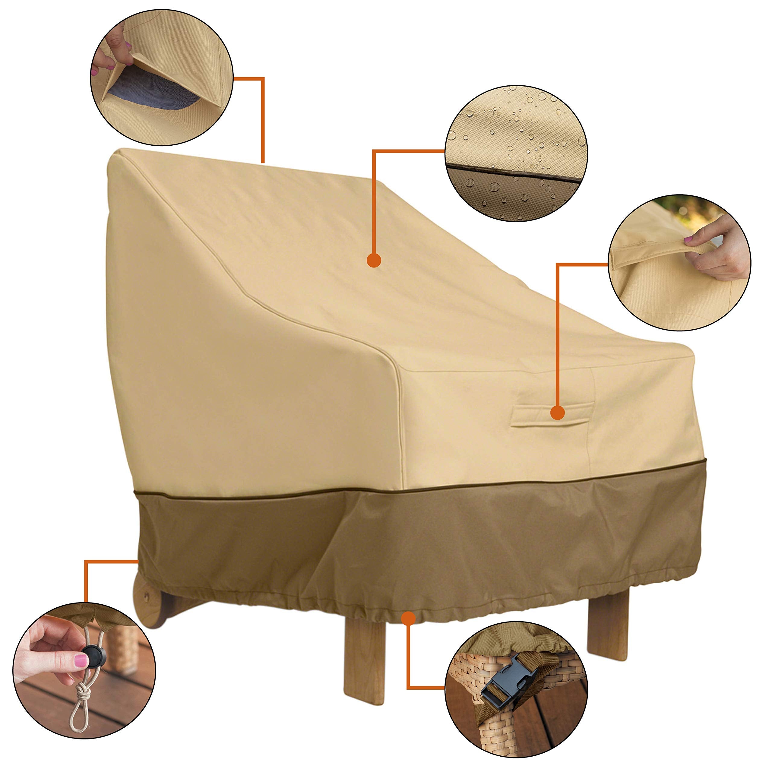 Classic Accessories Veranda cover, side view, durable fabric shields furniture from wind and moisture.