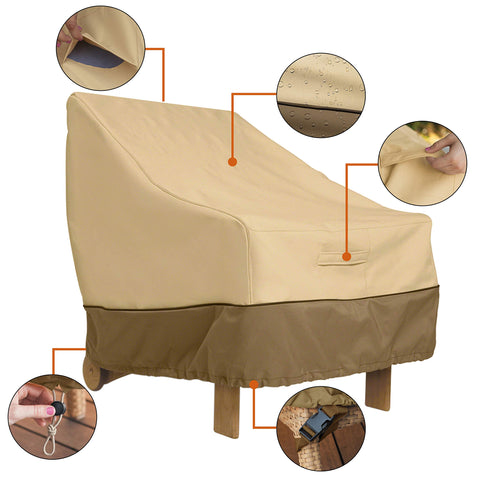 Classic Accessories Veranda cover, side view, durable fabric shields furniture from wind and moisture.