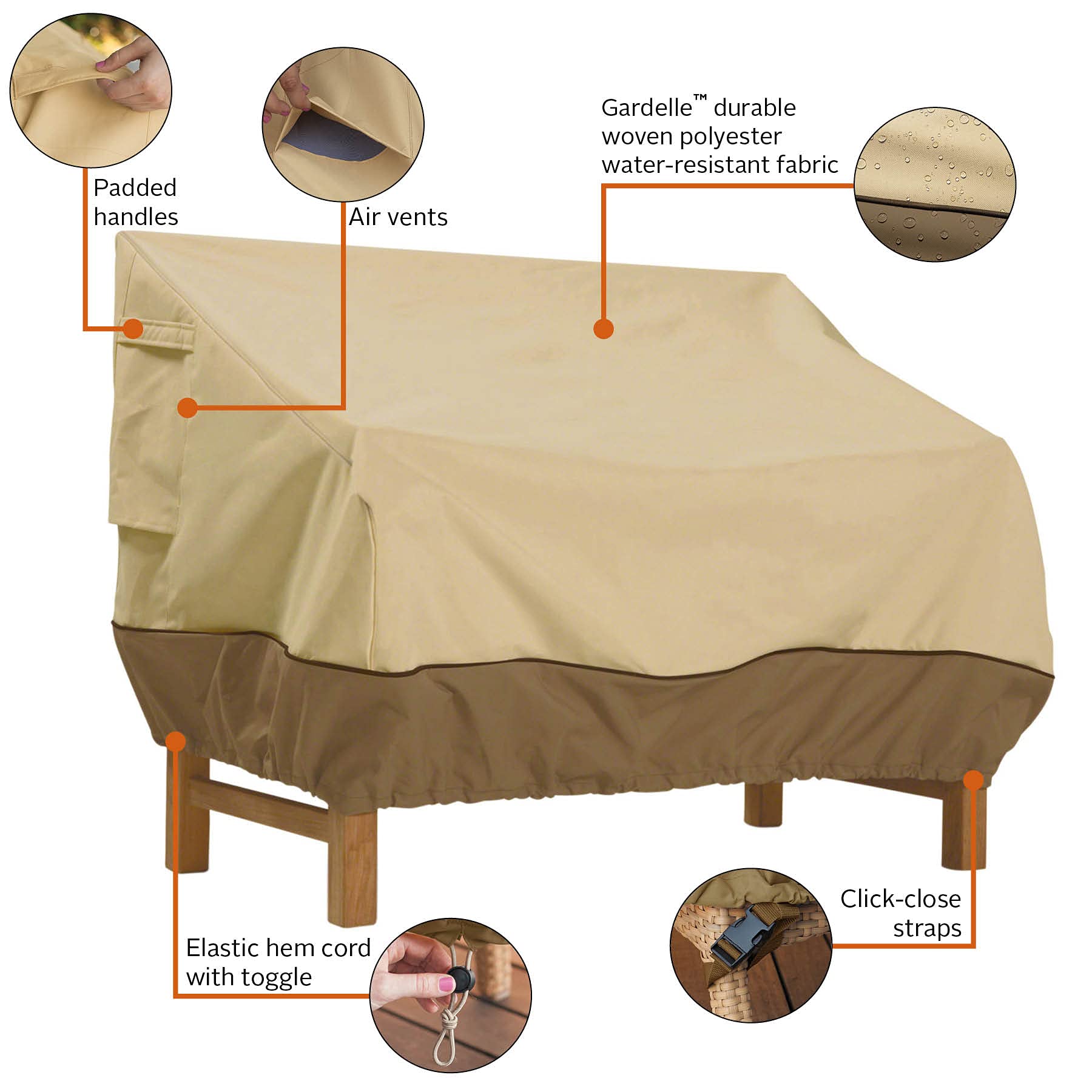 Classic Accessories Veranda bench cover fabric detail highlighting Gardelle fabric texture.