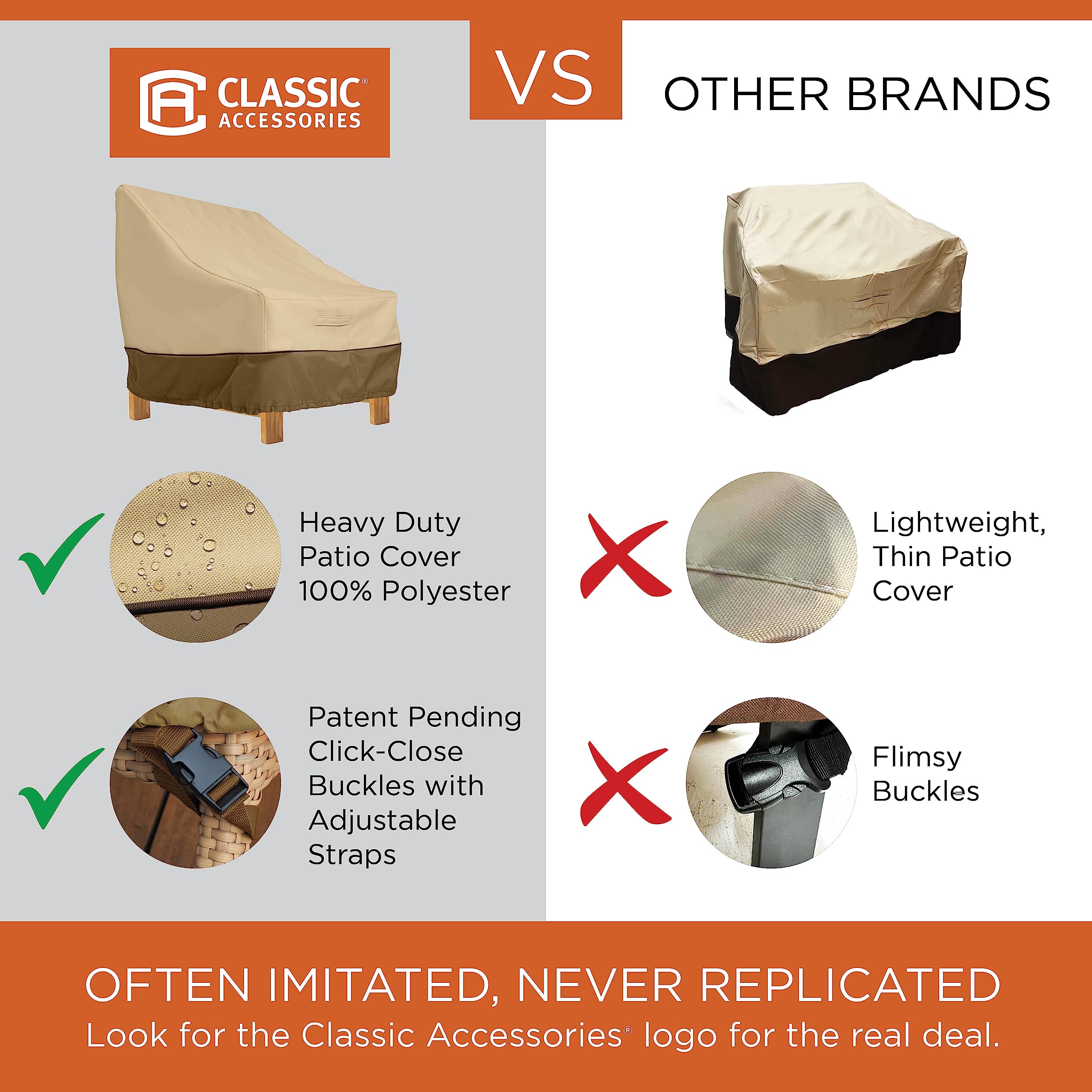 Classic Accessories Veranda bench cover side view highlighting weatherproof protection.