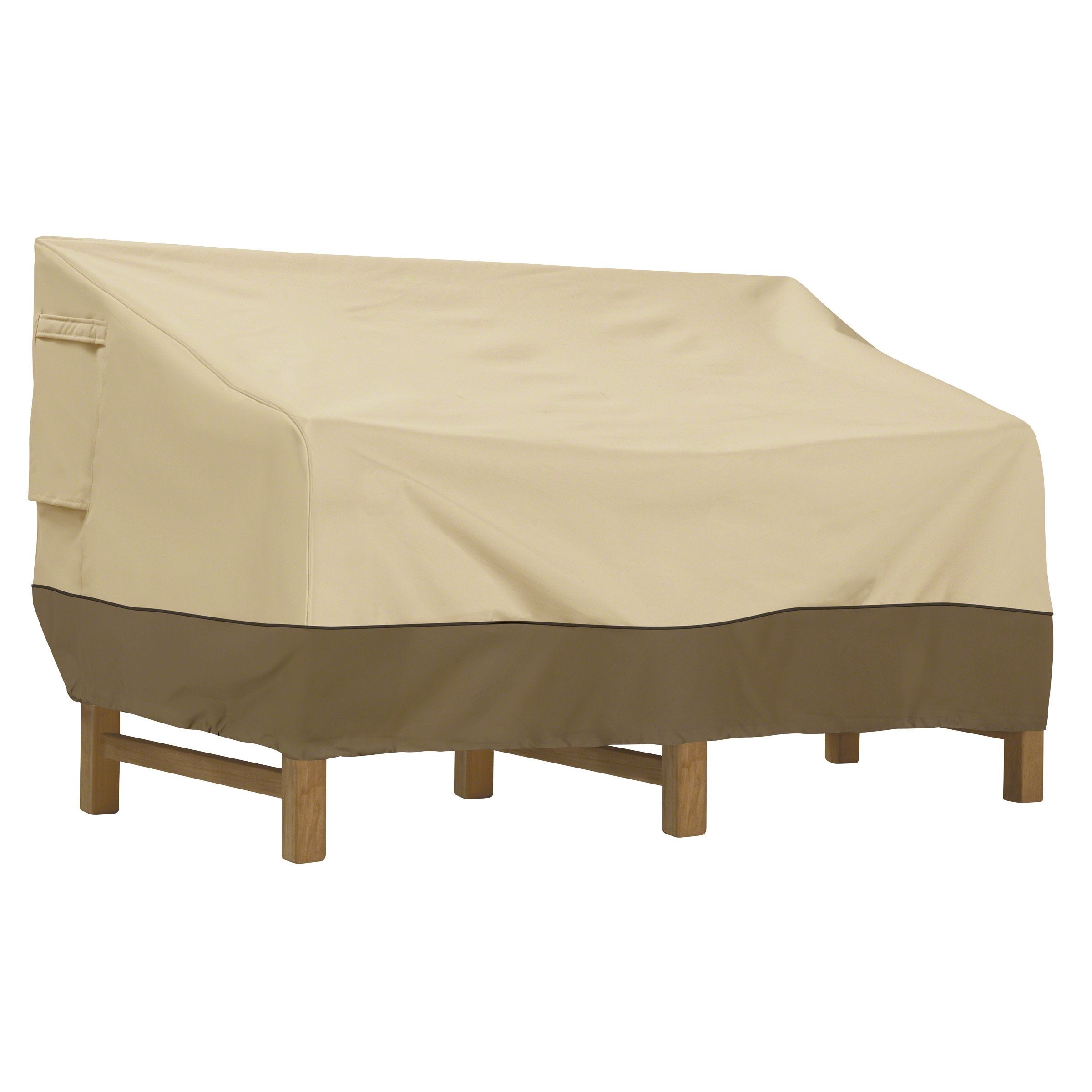 Classic Accessories Veranda cover on an 88-inch deep-seated sofa, snug front view for secure fit.