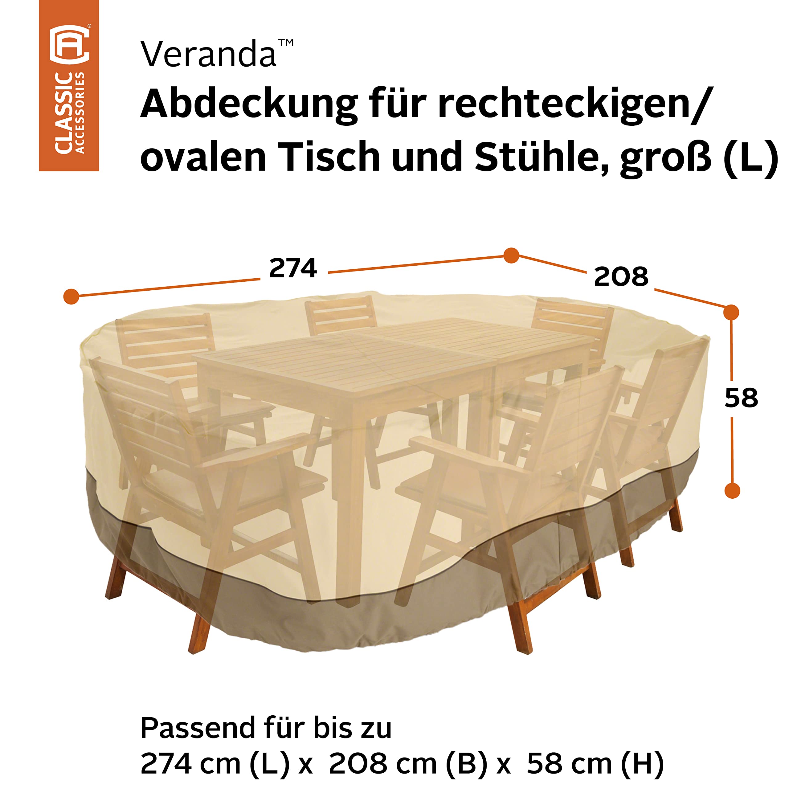 Classic Accessories Veranda cover for oval table provides durable outdoor protection.